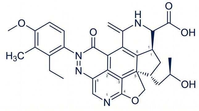 Complex chemical molecular structure diagram of an organic compound on white background