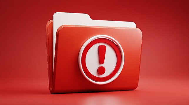 Red folder icon featuring a prominent white warning exclamation mark symbol for digital file management systems