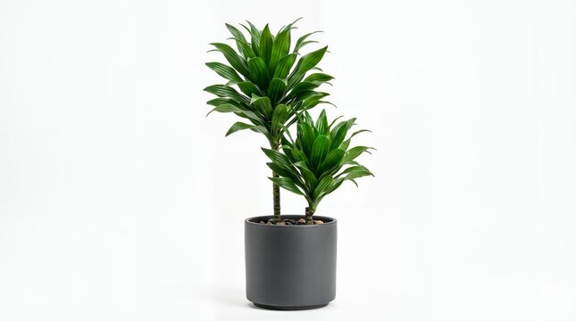 Potted Dracaena Janet Craig Compacta plant in modern grey ceramic pot isolated on white background. Interior home decor plant with lush green leaves.