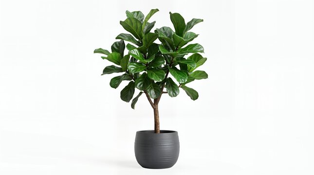 Lush fiddle leaf fig in a charcoal pot on a white background