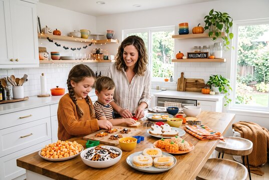 A family prepares Halloween snacks in a sunny kitchen. Two children decorate cookies while an adult assists. Various treats are on the table and Halloween decorations are visible