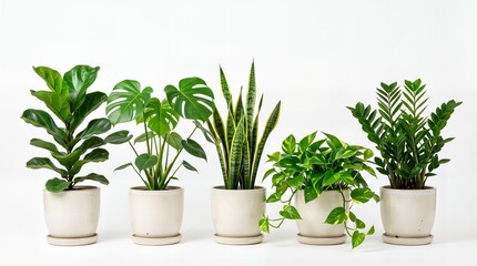 Fototapeta premium Row of Five Common Houseplants in White Ceramic Pots Isolated on White Background
