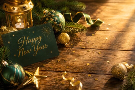 Christmas Decoration with Golden Baubles, Pine Branches, and Happy New Year Card on Wooden Table