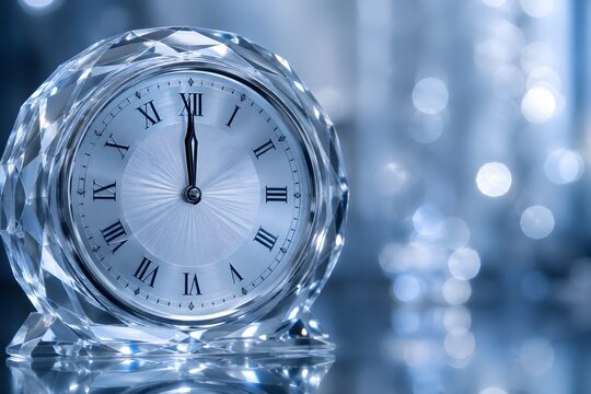 Vintage Silver Clock Showing Midnight with Sparkling Holiday Bokeh Lights