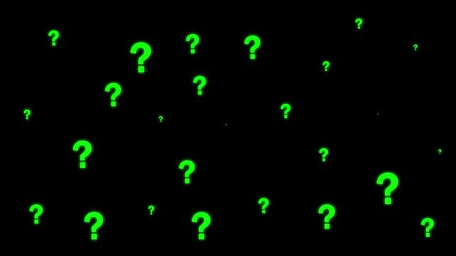  Green Question Marks Glowing on Black Background, Representing Questions, Uncertainty, Confusion, Problem Solving, Doubt, Answers, Knowledge, Mystery, and Decision Making animation .