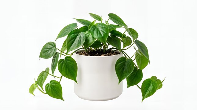 Lush green heartleaf philodendron houseplant in a minimalist white ceramic pot isolated on white background