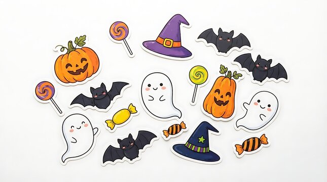 Collection of colorful hand drawn halloween stickers featuring pumpkins ghosts bats and witch hats on white background