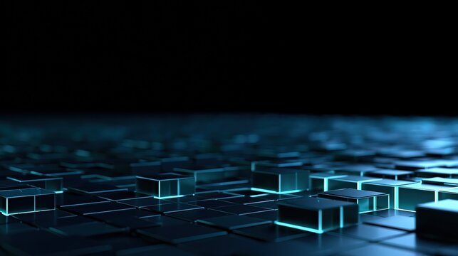 Small geometric tiles drifting in from the dark and interlocking into a single clean surface