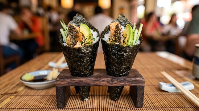 Japanese Temaki sushi hand rolls with fresh salmon and avocado. Traditional seaweed cones on wooden stand in restaurant setting.