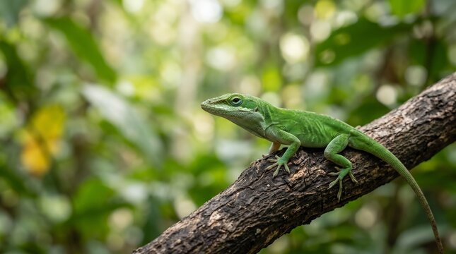 Green lizard on tree Branch