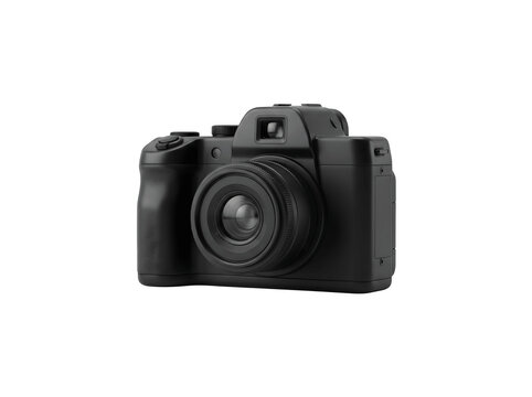 Black digital camera with lens and viewfinder on transparent background