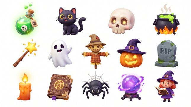 Set of 3D Halloween icons featuring cute spooky characters and magical holiday elements