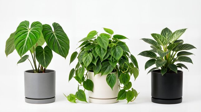 Three philodendron houseplants in modern ceramic pots on a white background