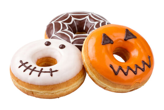 Halloween themed donuts with festive icing on transparent background