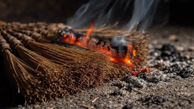 Dramatic close-up of a rustic broomstick burning with bright orange flames and heavy grey smoke, perfect for a spooky Halloween background