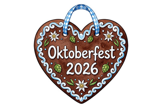 watercolor Oktoberfest 2026 gingerbread heart illustration with edelweiss hops and icing frosting isolated on transparent background