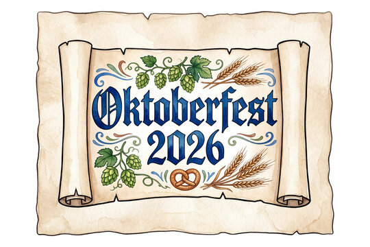 watercolor Oktoberfest 2026 scroll illustration with parchment paper hops wheat and pretzel isolated on transparent background