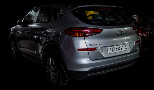Hyundai Tucson car rear side view. Hyundai Motors, commonly known as Hyundai, South Korean multinational automotive manufacturer, Seoul, South Korea, founded in 1967