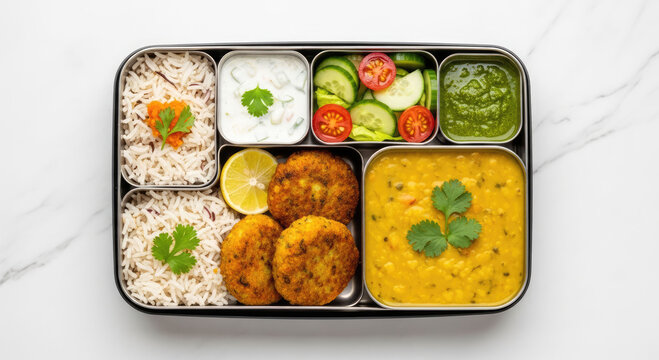 Indian vegetarian tiffin box lunch featuring lentil dal, basmati rice, spiced vegetable cutlets, fresh cucumber tomato salad, yogurt raita and green chutney a balanced, flavorful meal on the go.