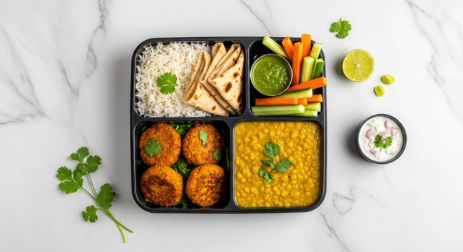 Vegetarian Indian lunch box featuring creamy yellow dal, fluffy basmati rice, warm naan, spiced vegetable cutlets, carrot and cucumber sticks with green chutney and cooling raita.