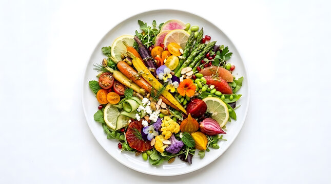 Fresh vibrant salad with colorful vegetables fruits nuts and herbs on white plate transparent background