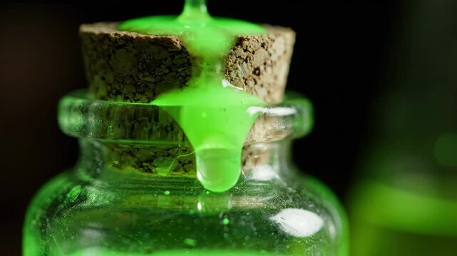 Halloween magic potion bottle with glowing green liquid dripping down a rustic cork stopper creating a mystical and enchanting atmosphere