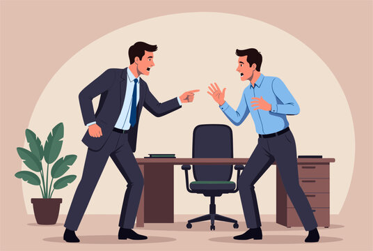 Vector illustration of two businessmen in suits having heated argument or disagreement in modern office setting.