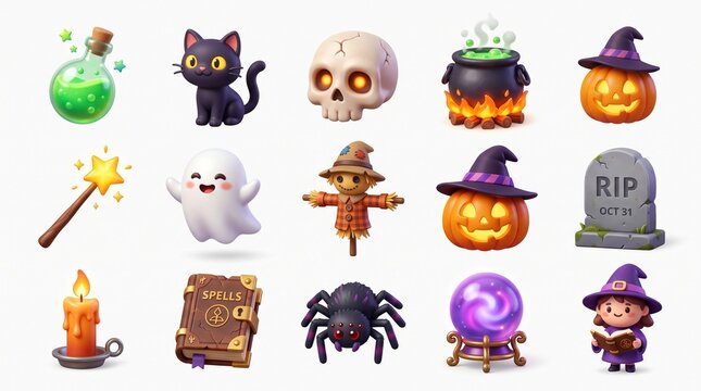 Set of 3D Halloween icons with pumpkin, ghost, skull, witch and magic elements on white