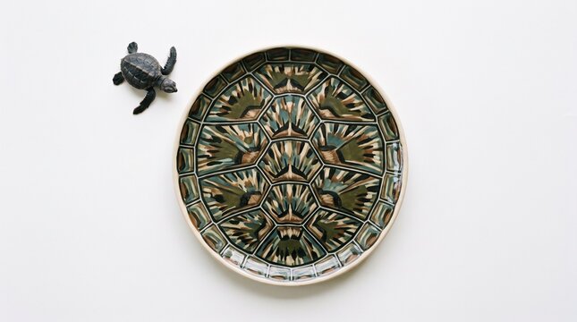 Turtle Plate Aesthetic: A small toy turtle rests near a decorative plate with a unique, geometric pattern reminiscent of a turtle shell, suggesting a playful yet artistic composition.
