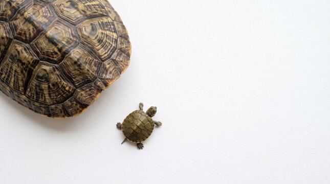 Small Turtle Next to Shell: A tiny baby turtle is positioned next to a large turtle shell, highlighting the stark contrast in size and suggesting growth and development.