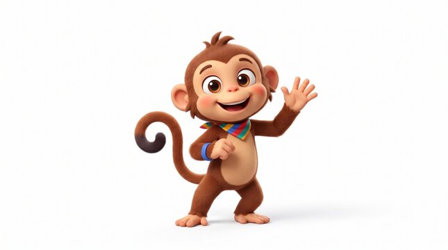 Animated Monkey Greeting: A cheerful cartoon monkey with big eyes and a curly tail waves hello, wearing a colorful bandana and a blue wristband.