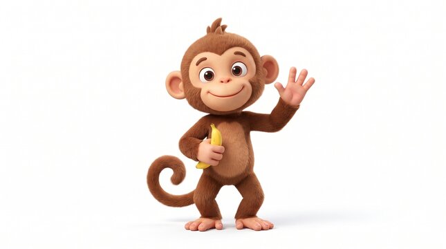 Cute Cartoon Monkey Waving and Holding Banana