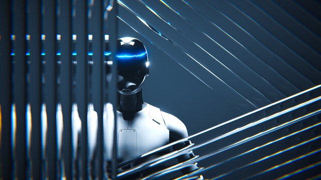 Humanoid AI robot assistant obscured by ribbed glass panels.