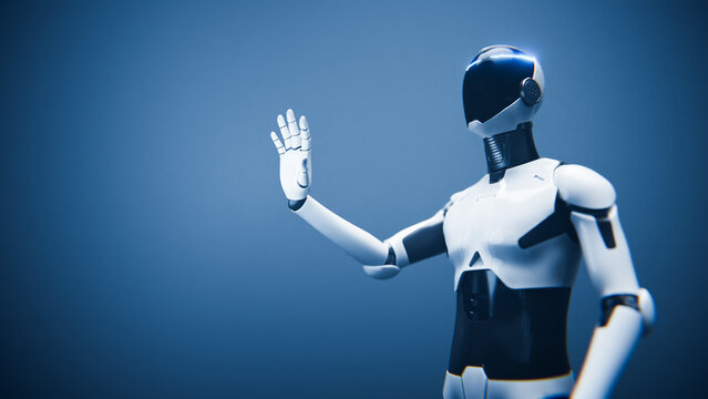 Humanoid AI robot assistant touching invisible interface on blue background.
