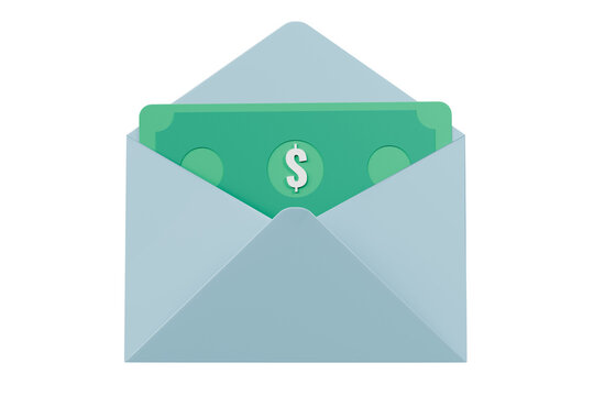 3d money envelope icon. cash transfer concept. minimal cartoon envelope and banknote for payment delivery and communication. isolated on white transparent background. 3d render.