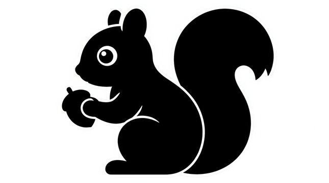 Black silhouette of a squirrel holding an acorn, vector art, clean design, white background