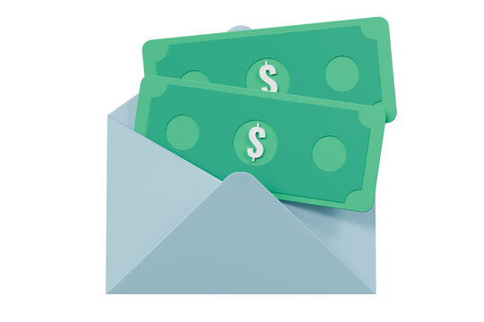 3d money envelope icon. cash transfer concept. minimal cartoon envelope and banknote for payment delivery and communication. isolated on white transparent background. 3d render.
