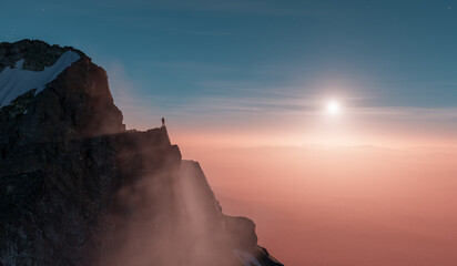 Naklejka premium Solitary Hiker Standing On Mountain Peak At Sunrise Over Misty Horizon — Achievement And Solitude