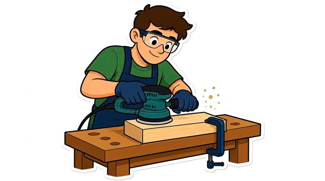 Cartoon Carpenter Working with Electric Sander on Wood Project at Workbench, Safety Glasses