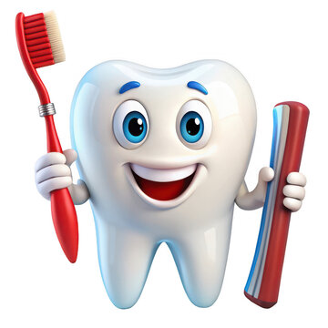 Friendly cartoon tooth character holding toothbrush and toothpaste