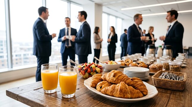 Business breakfast meeting in bright corporate office with blurred professionals networking around table with fresh croissants juice and fruit bowls against large city view windows