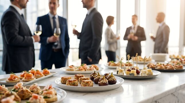 Corporate professionals networking with wine at evening office reception with gourmet appetizers on marble table in foreground and blurred city lights in background for business event