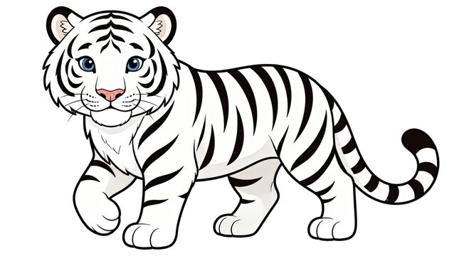 Cute cartoon white Bengal tiger with blue eyes walking isolated on white background, vector illustration.