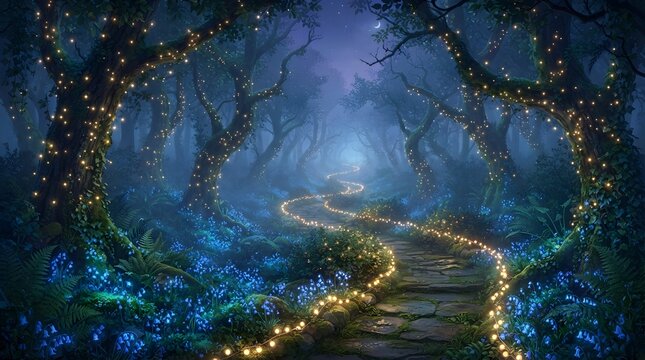 Enchanted forest path with glowing fairy lights