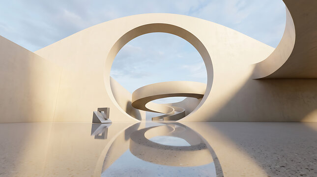Modern abstract architectural courtyard with circular wall opening and curved ramp architecture concrete courtyard minimalist building