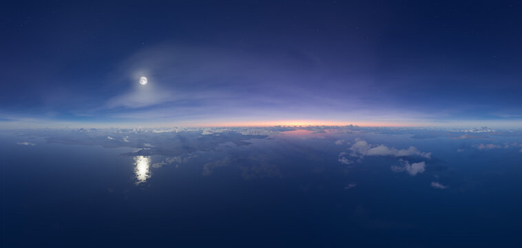 Panoramic Moonlit Ocean Horizon at Dawn With Stars, Clouds and Serene Moonlight &mdash; Aerial 3D Rendering