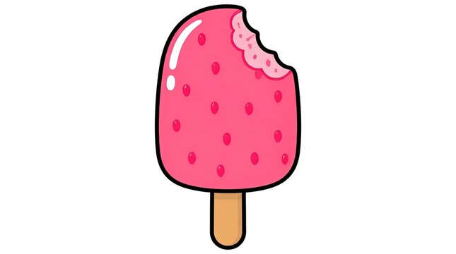 Cute Strawberry Ice Cream Bar with Bite Mark, Pink Dessert on Stick, Isolated on White Background, Summer Treat Cartoon Vector