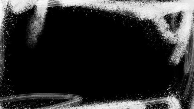 Frame with white brush strokes on a black screen. Retro vignette in 4K for overlay. Nostalgic effect animation.