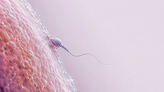 Single sperm contacting human egg during fertilization with copy space for conception, fertility and reproductive health