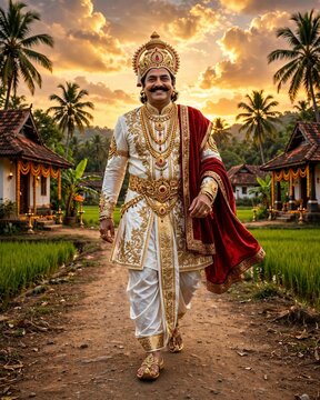 Traditional Kerala Festival King Walking Through a Village at Sunset